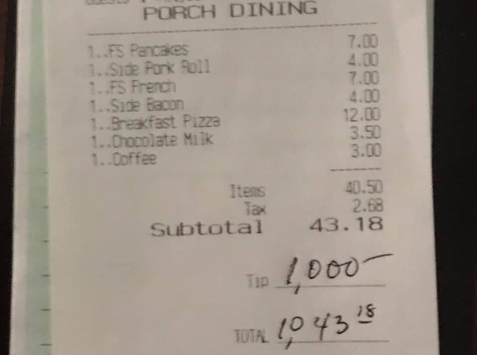 Cliente deixa gorjeta de US$ 1 mil em restaurante nos EUA