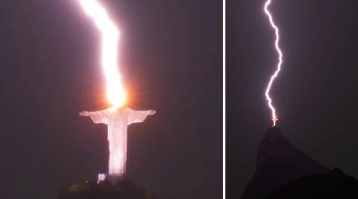 Foto dos raios. O Cristo Redentor foi atingido por muitas descargas elétricas. Imagem: internet.