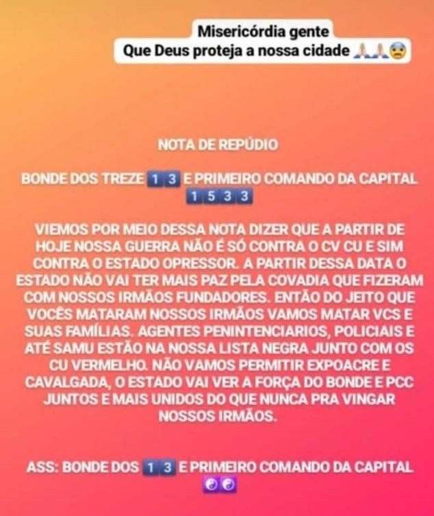 Nota de Repúdio da facção.