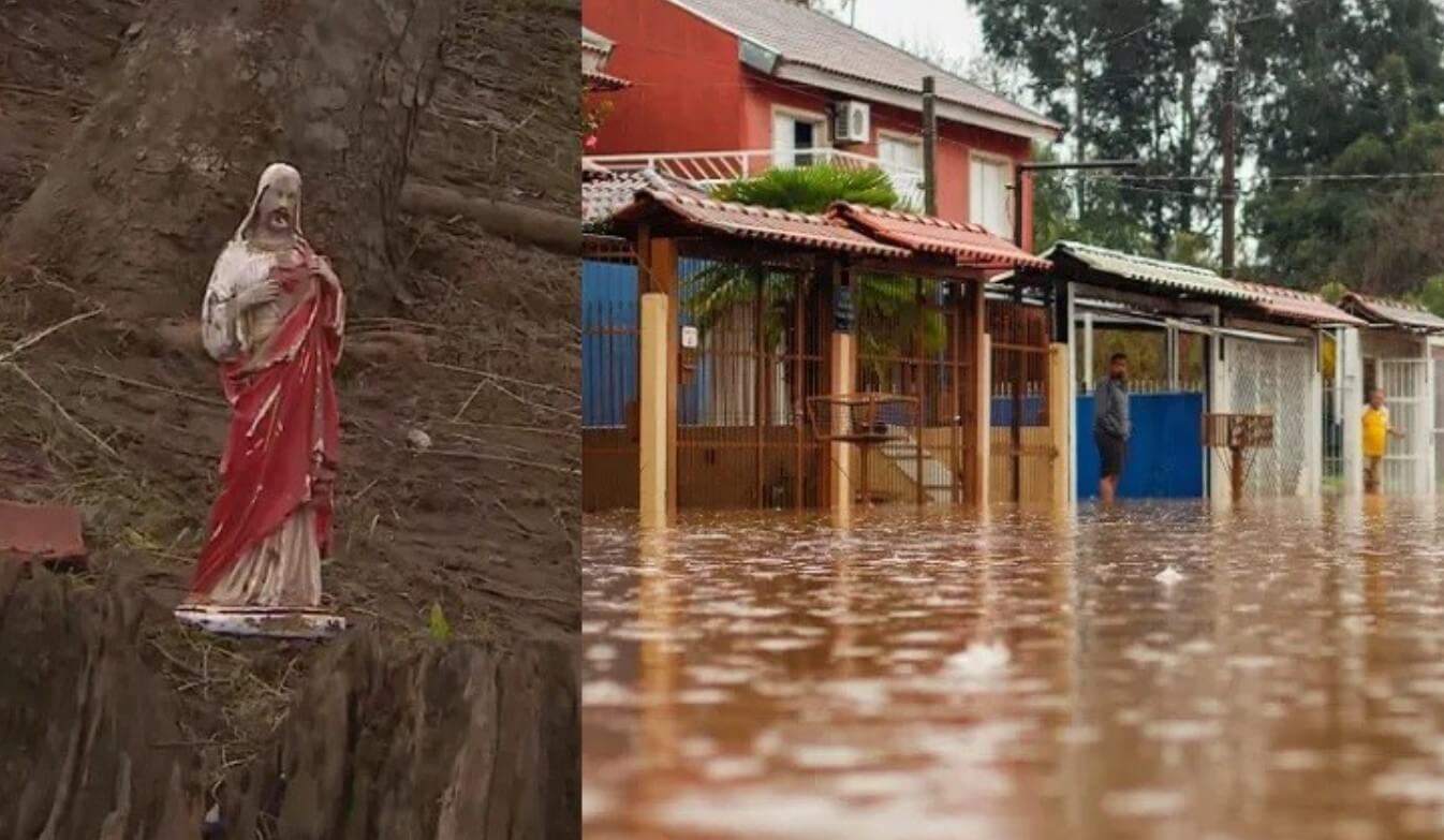 A descoberta surpreendente de uma estátua religiosa, intacta, entre os escombros de uma cidade devastada por um ciclone extratropical. FOTO: internet